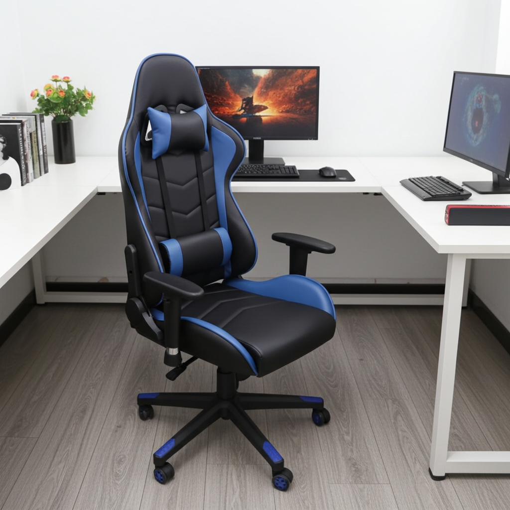 Ergonomic gaming chair with adjustable armrests, high back support, and cushioned seat designed for long gaming sessions.