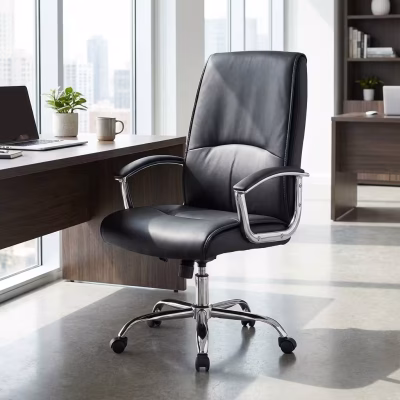 High back executive office chair with cushioned seat and professional design in a modern office