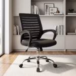 Strong mesh seat with breathable black mesh backrest, padded seat, fixed armrests, chrome base, and caster wheels.