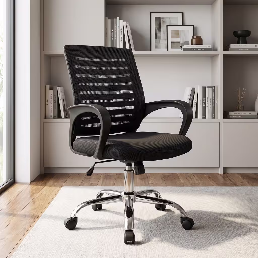 Strong mesh seat with breathable black mesh backrest, padded seat, fixed armrests, chrome base, and caster wheels.
