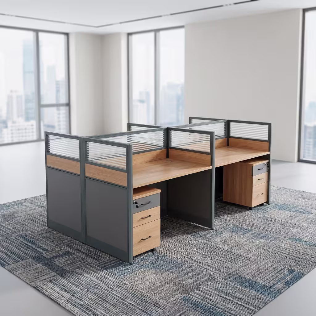 4-way office workstation with glass dividers and modern finish