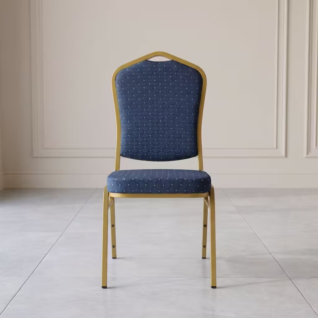 Crown Back Ergonomic Navy Blue Fabric Banquet Chair with a polished gold steel frame for professional corporate events