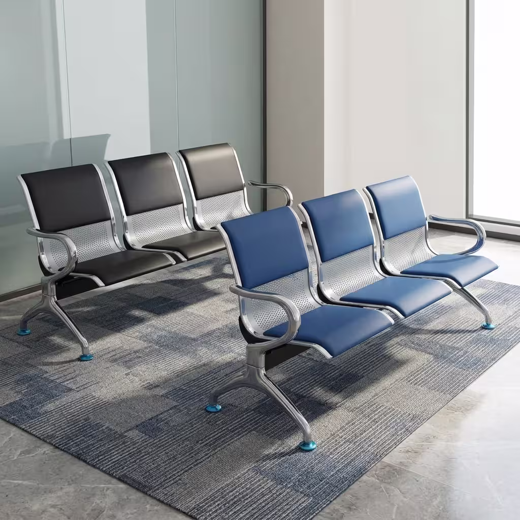 3-link padded waiting bench with cushioned seats and metallic frame