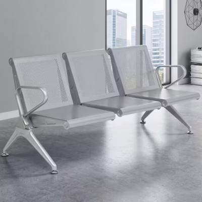 Heavy-duty waiting bench with metallic frame and perforated seats