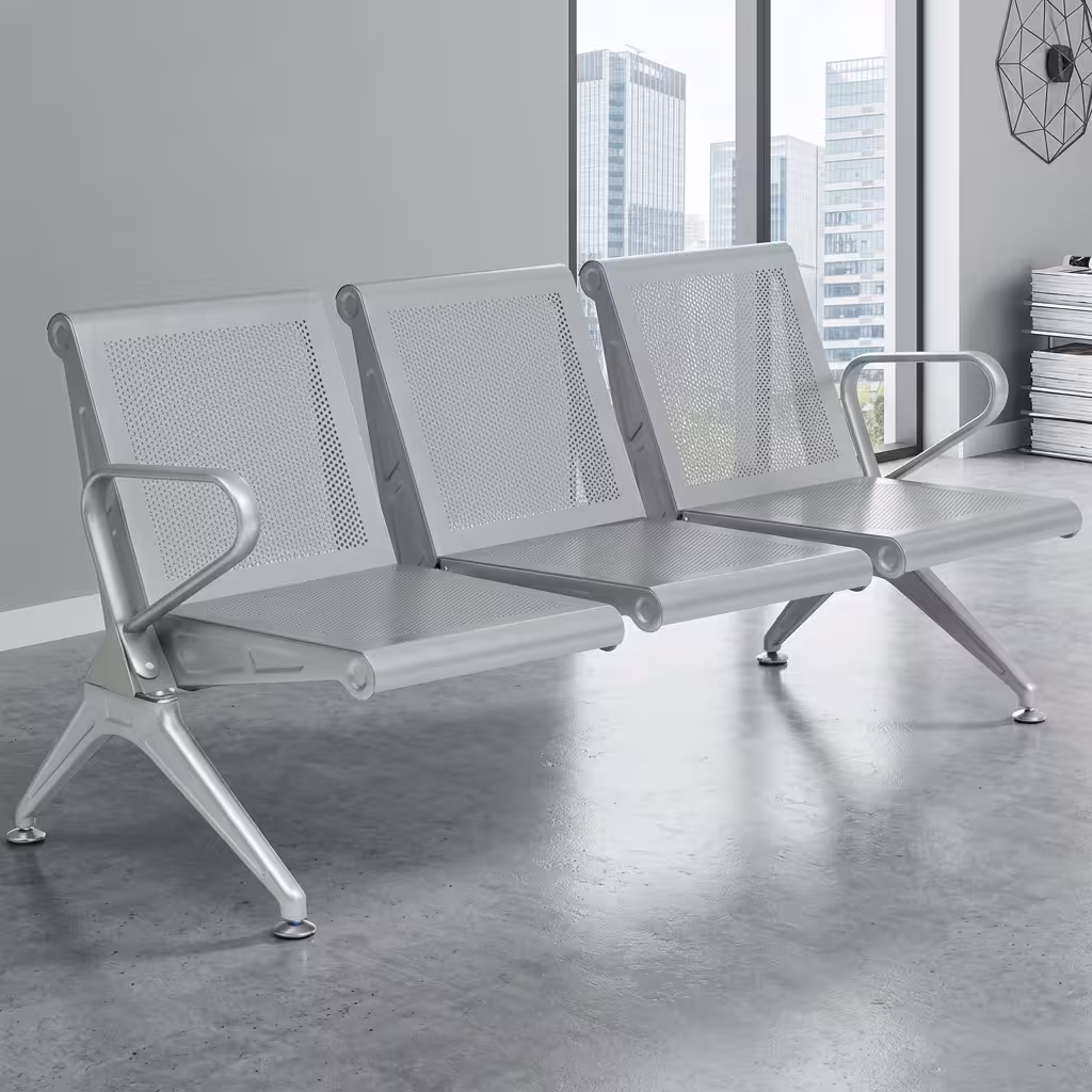 Heavy-duty waiting bench with metallic frame and perforated seats