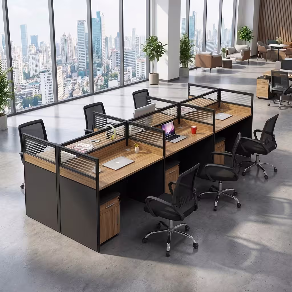 6 Way Modular Workstation with partition panels and six desks in a modern office setting