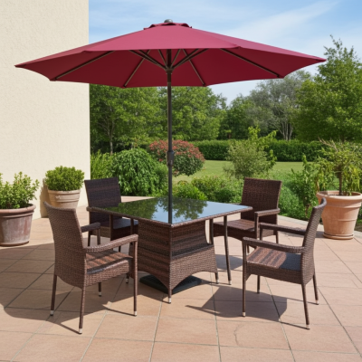 Canopy outdoor square dining table set with 4 wicker chairs and umbrella in a garden