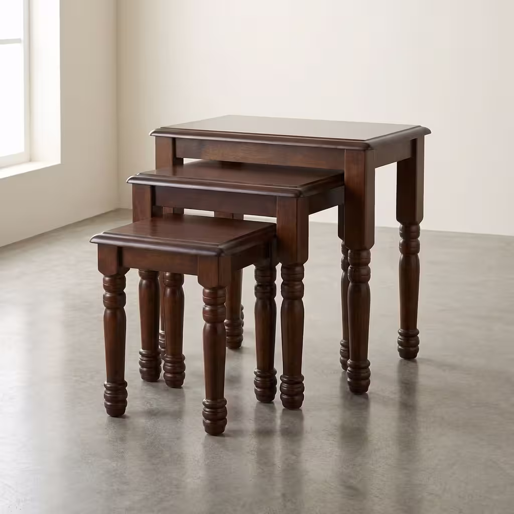 Classic 3-Piece Nesting Table set with rustic brown wooden tops and black metal legs stacked in a living room