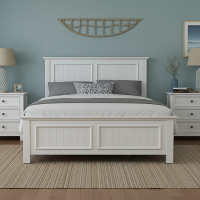 5 by 6 White Wooden Bed with white headboard and footboard in a modern bedroom setup