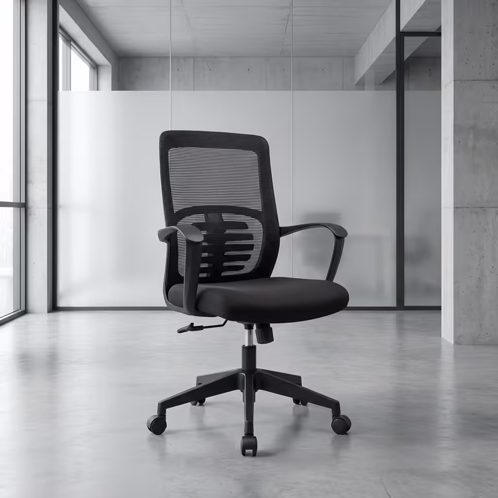 Midback mesh swivel office chair with breathable mesh backrest, lumbar support, padded seat, fixed armrests, and caster wheels.