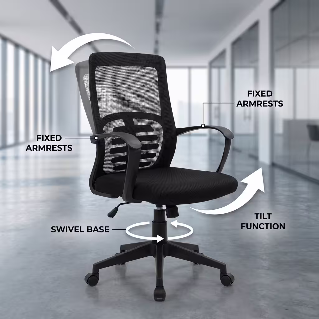 Midback mesh swivel office chair with breathable mesh backrest, lumbar support, padded seat, fixed armrests, and caster wheels.
