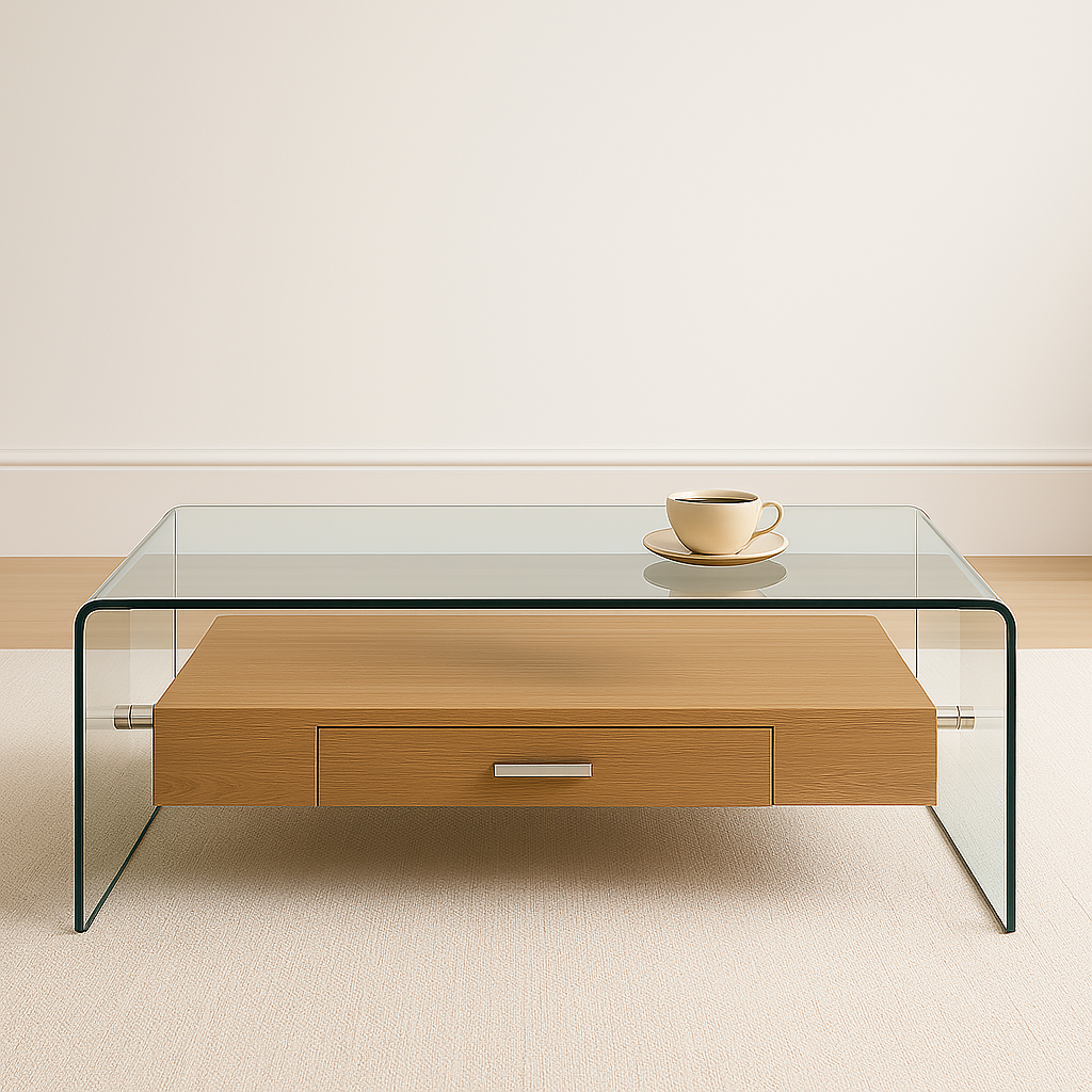 BENT GLASS COFFEE TABLE WITH WOODEN SHELF