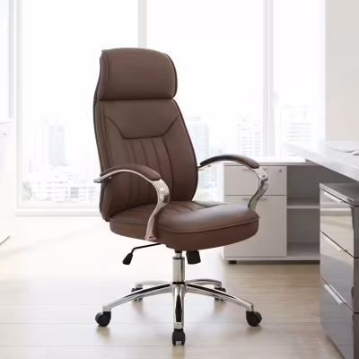 Brown leather office chair with ergonomic design and cushioned seat