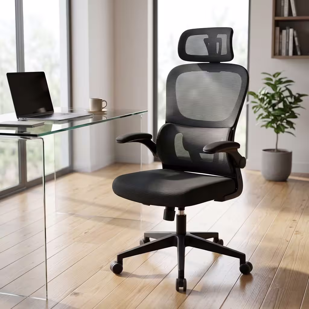 Black Mesh Office Chair with breathable mesh backrest, mesh headrest, padded seat, armrests, five-star base and caster wheels.