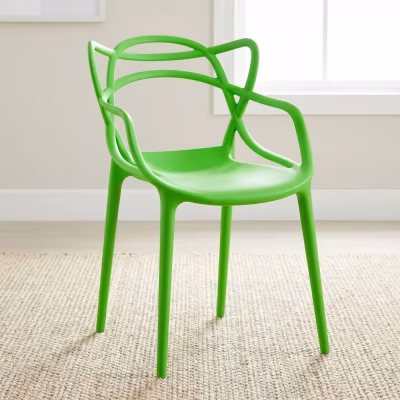 White bistro plastic chair with modern design and stackable build