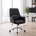 Black leather office chair with cushioned seat and ergonomic design
