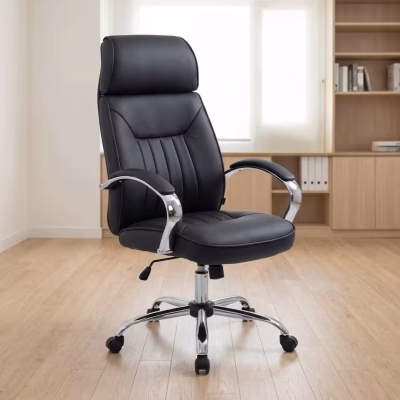 Black executive office chair with high backrest and premium leather upholstery