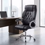 Black leather office chair with cushioned seat and ergonomic design