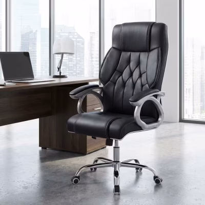 Black leather office chair with cushioned seat and ergonomic design