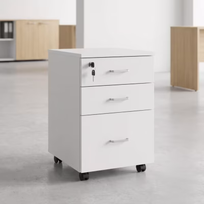 White 3-drawer office pedestal cabinet with lockable top drawer and wheels