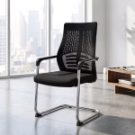 Black mesh conference office chair with cushioned seat and metal frame