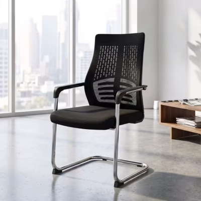 Black mesh conference office chair with cushioned seat and metal frame
