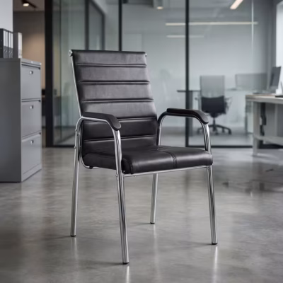 Black leather conference office chair with chrome frame and padded armrests