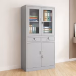 Half glass metallic filing office cabinet with shelves, drawers, and lockable doors