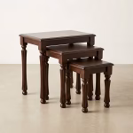 Wooden nest of stools with polished finish and stackable design