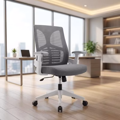 Grey midback office chair with cushioned seat and ergonomic mesh backrest