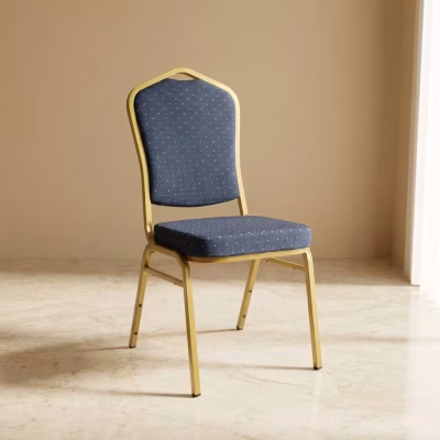 Blue banquet chair with cushioned seat and metal frame