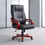 Bliss executive office chair with black leather upholstery and polished wooden armrests