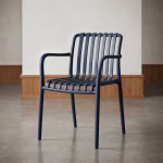 Blue plastic outdoor chair with slatted backrest and armrests
