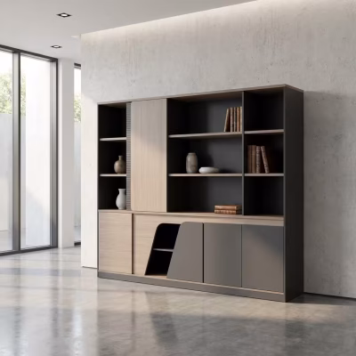 Executive wall office cabinet with shelves and lockable compartments