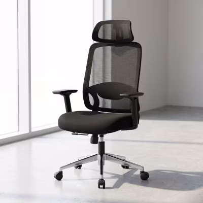 Mesh office chair with cushioned seat and knob-adjustable backrest