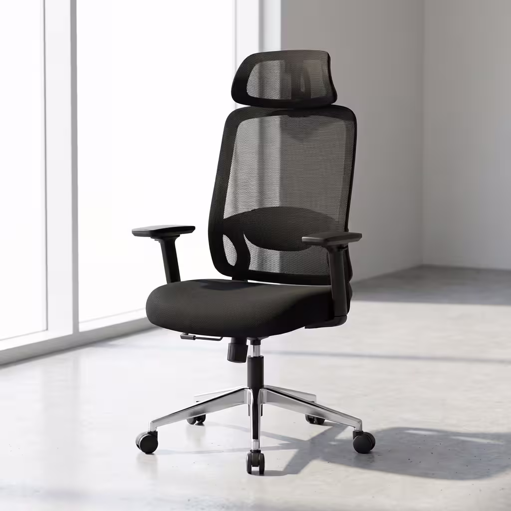 Mesh office chair with cushioned seat and knob-adjustable backrest