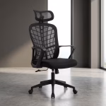 Black mesh office chair with cushioned seat and ergonomic design