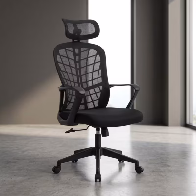 Black mesh office chair with cushioned seat and ergonomic design