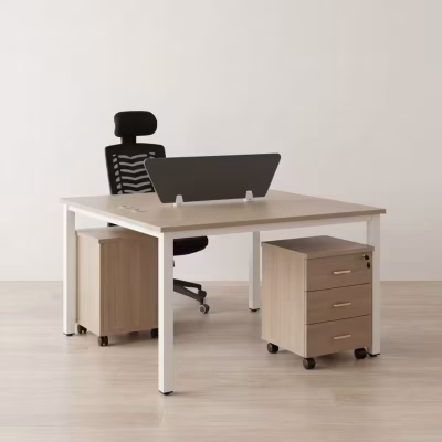 2-way office workstation with partition panels and movable pedestal drawers