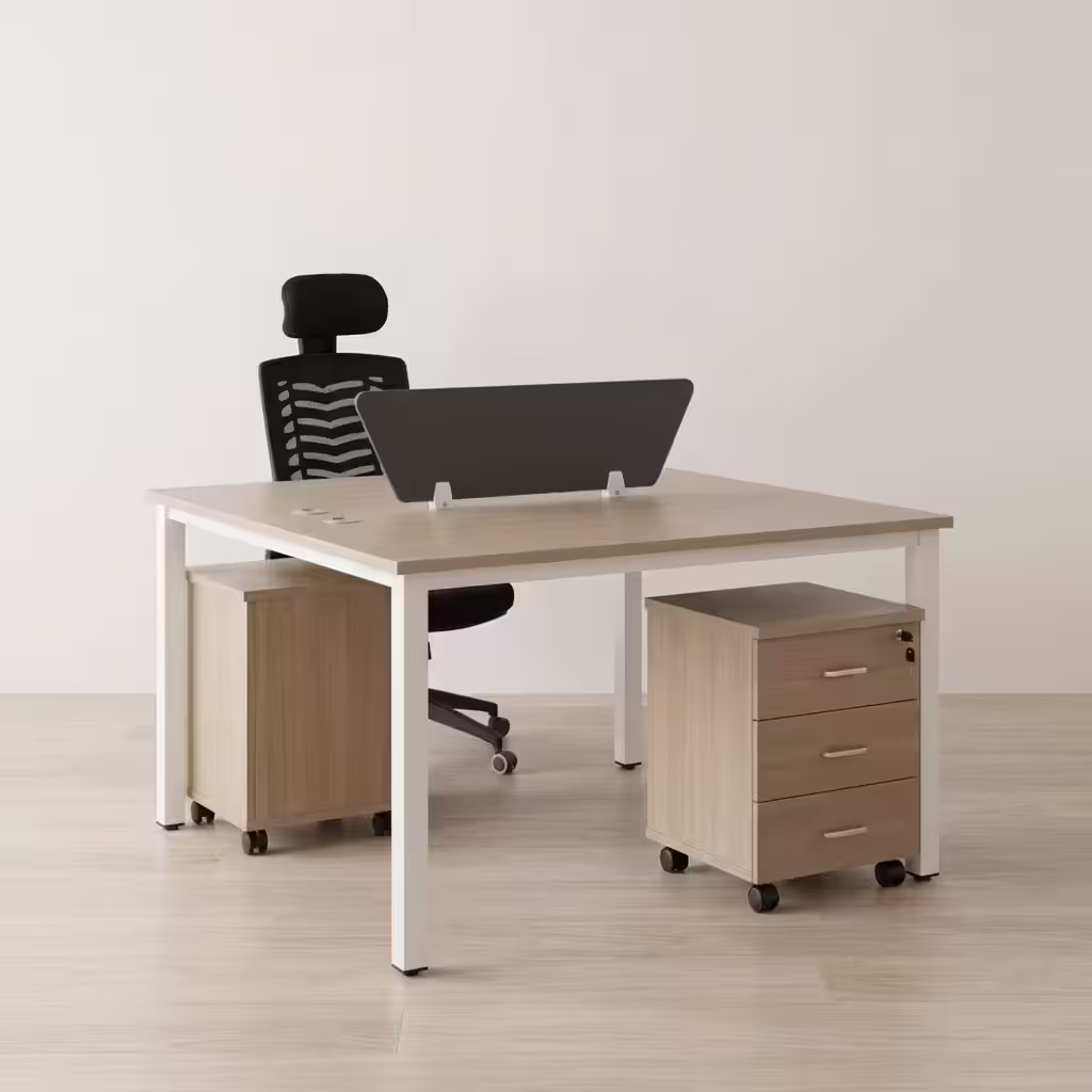 2-way office workstation with partition panels and movable pedestal drawers