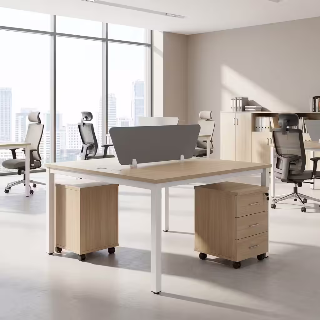 2-way office workstation with partition panels and movable pedestal drawers