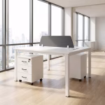 2-person office workstation with partition panels and storage drawers