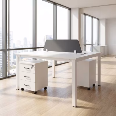 2-person office workstation with partition panels and storage drawers