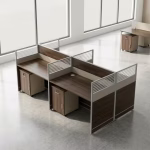 Brown 4-way office workstation with partition panels and storage cabinets