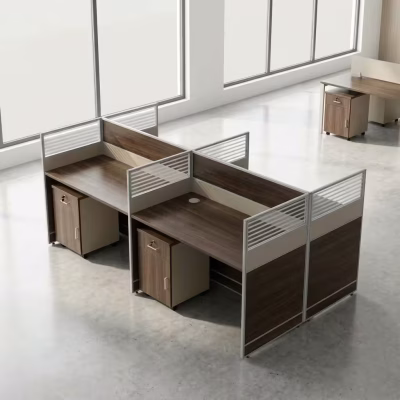 Brown 4-way office workstation with partition panels and storage cabinets
