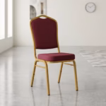 Burgundy Gold Reception Chair featuring a rich burgundy fabric upholstered seat and backrest, supported by a metallic gold powder-coated steel frame with floor glides.