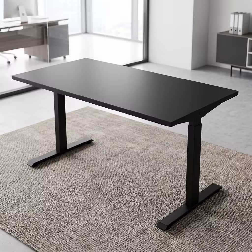 Electric Height-Adjustable Standing Desk with a rustic wooden top and white motorized steel frame adjusted to standing height