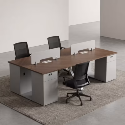 4-way office workstation with partition panels and storage drawers