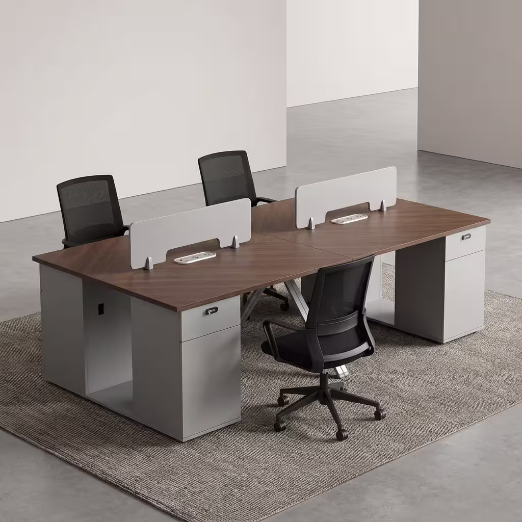 4-way office workstation with partition panels and storage drawers