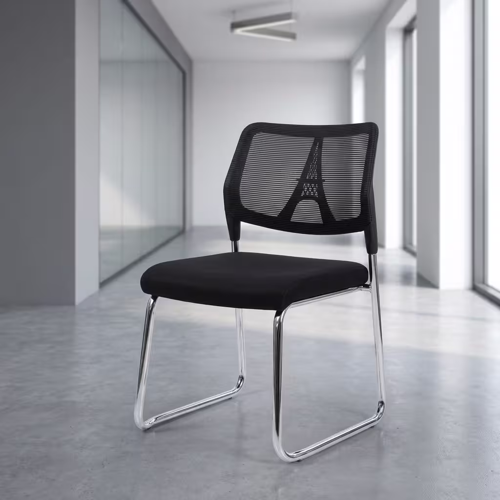 Chrome visitors office chair with cushioned seat and mesh backrest